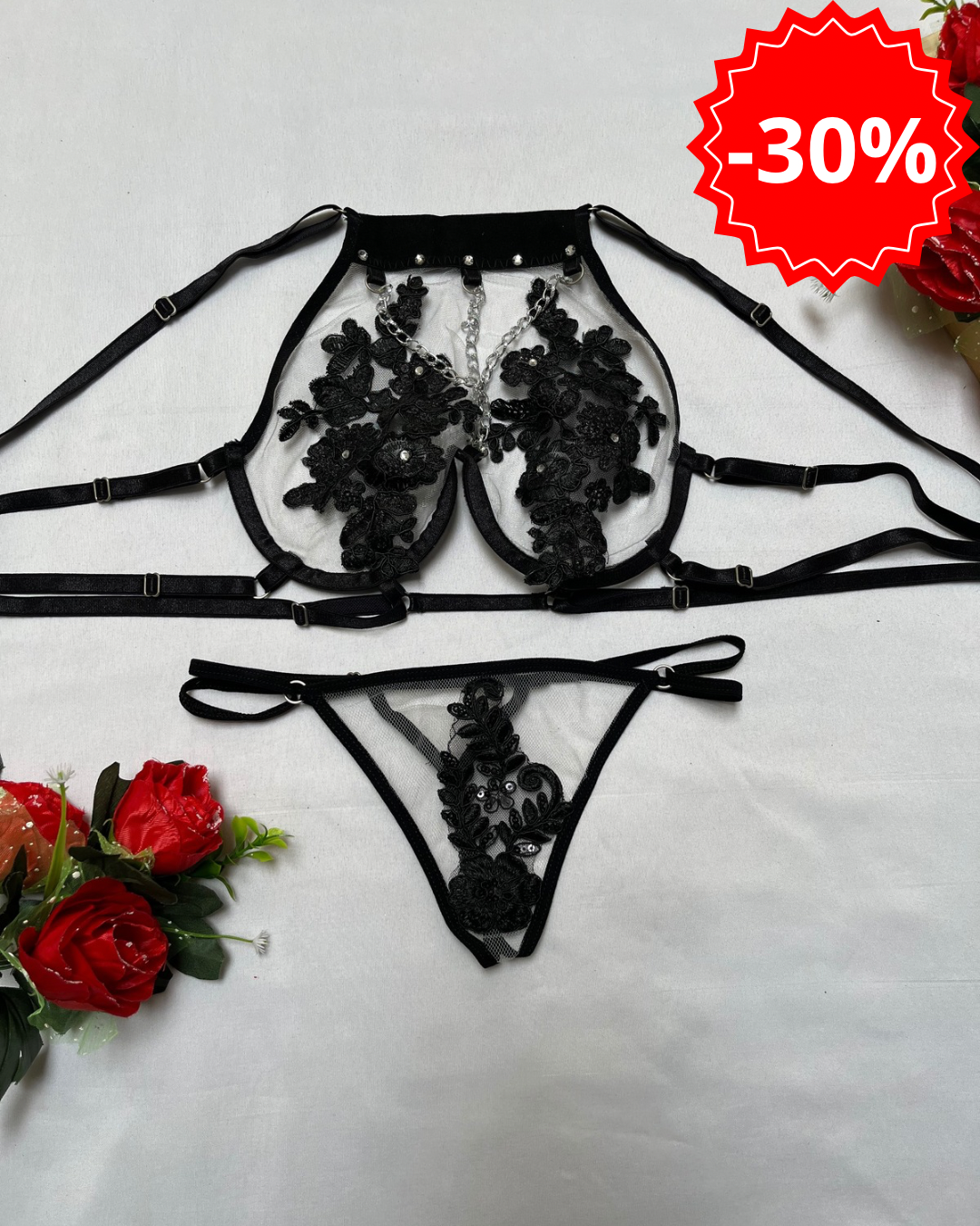 Crop top cadena flores+tanga lencería